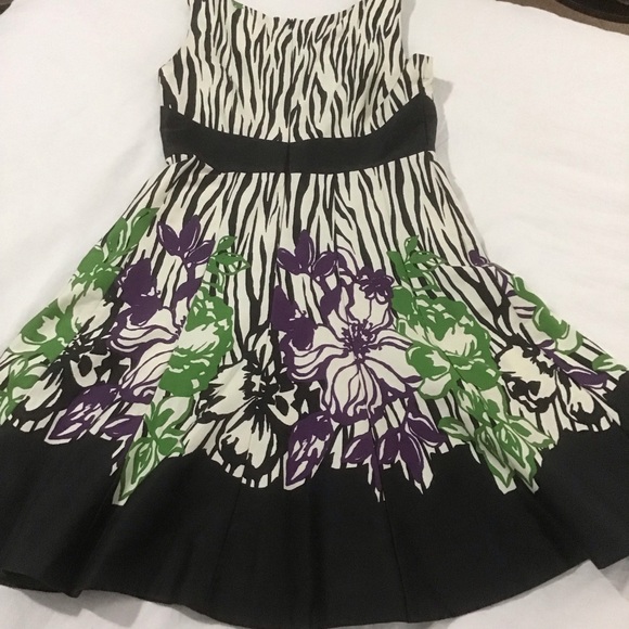 Danny & Nicole Green Purple Cream Black Floral Fit & Flare Dress w/Waist Detail - Picture 2 of 11
